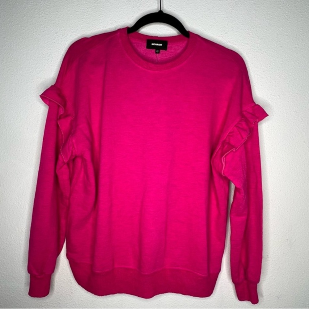 NWT Monrow Supersoft Crewneck Ruffle Sleeve Pullover, Fuschia, size XS